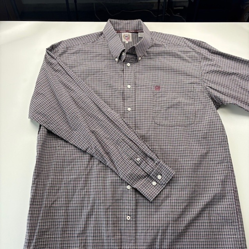 Cinch Mens Long Sleeve Plaid Button Down Shirt Burgundy Blue L